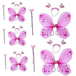 Kaku Fancy Dresses Polyester Butterfly Wings with Hairband And Wand Stick For Girls (Magenta Pink) - Pack of 5