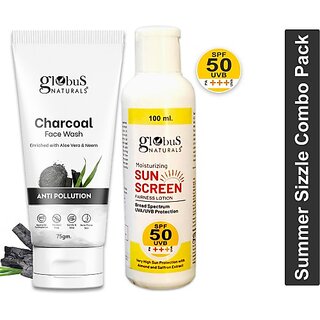 Globus Naturals Summer Sizzle Set - Sunscreen Lotion SPF 50++ 100ml & Charcoal Face Wash 75 gm