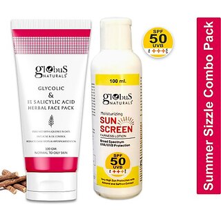 Globus Naturals Summer Sizzle Set - Sunscreen Lotion SPF 50++ 100ml & Glycolic Face Pack 100 gm