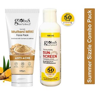 Globus Naturals Summer Sizzle Set - Sunscreen Lotion SPF 50++ 100ml &  Multani Mitti Face Pack 100 gm