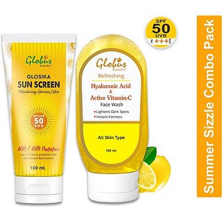 Globus Remedies Summer Sizzle Set - Glosika Sunscreen Lotion SPF 50++ 100ml & Vitamin C & Hyaluronic Acid Face Wash 100ml