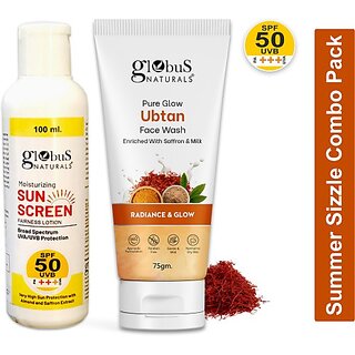 Globus Naturals Summer Sizzle Set - Sunscreen Lotion SPF 50++ 100ml & Ubtan Face Wash 75 gm