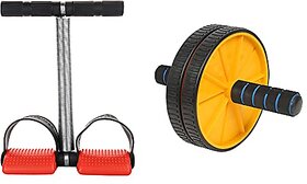 Oddish Tummy Trimmer Double and Single Spring Combo Pack with Like Ab Roller Tummy Twister Toning Tube Sweat Belt Push up bar Exercise for Men and Women (SINGLE RED+AB ROLLER)