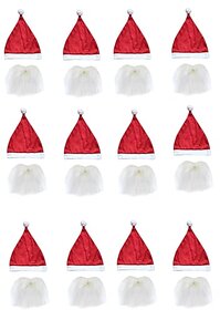 Santa Clause Hat  Beard set of 12 for Christmas Theme Party - Red  White, FreeSize For Boys  Girls
