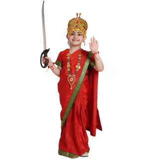 Kaku Fancy Dresses Devi Durga Red Saree For Girls  Ready To Wear Saree  Mythological Godess Costume With Accessories