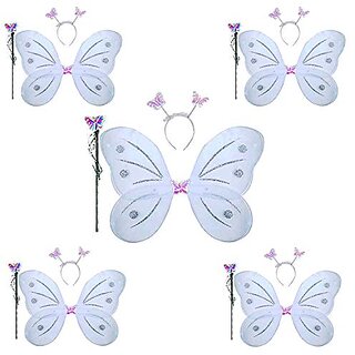 Kaku Fancy Dresses White Butterfly Wings With Hairband And Wand Stick For Girls - Pack of 5