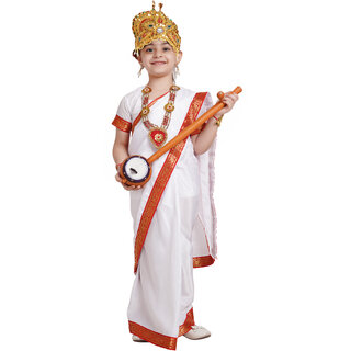 Kaku Fancy Dresses Devi Saraswati White Saree With Jewellery For Girls  Ready To Wear Saree  Costume With Accessories