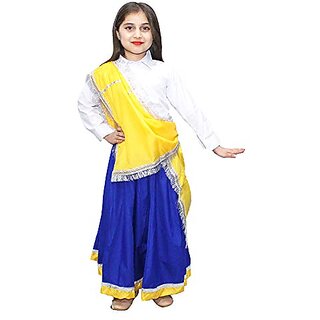 Kaku Fancy Dresses Indian State Haryanvi Dance Lehenga Costume For Girl - Yellow  Blue