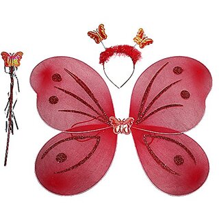 Kaku Fancy Dresses Red Butterfly Wings Fairy Costume Accessories - Red, 3-8 Years, For Girls