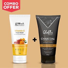 Globus Naturals Activated Charcoal Peel off Mask With Vitamin C Face Wash Combo 175g