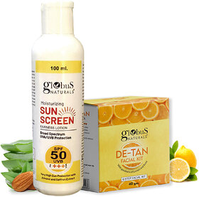 Globus Naturals Moisturizing Sunscreen Lotion & De-Tan Facial Kit Combo, Tan Removal Formula, For All Skin Types