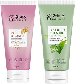 Globus Naturals Face Wash Combo- Skin Brightening Rice Ceramide Face wash & Green Tea & Tea Tree Radiance Face Wash, 75gm