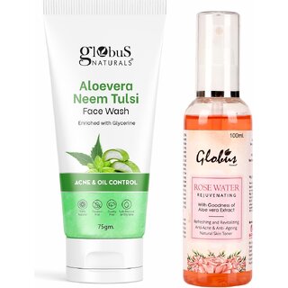 Globus Naturals Anti Acne Anti Ageing Aloevera Face Wash 75gm With Rose Water Toner 100ml