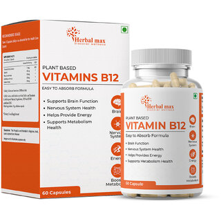 Herbal Max Plant-Based Vitamin B12 Capsules: Boost Energy and Support Brain Function (60 Capsules