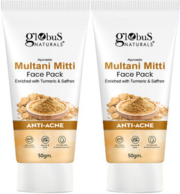 Globus Naturals Anti Acne Multani Mitti Face Pack For Oily Acne Prone Skin 50 gm Pack of 2