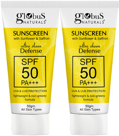 Globus Naturals Sunscreen with Ultra Sheen Defense SPF 50 PA UVA  UVB Protection Lightweight  Nongreesy Formula Normal to Oily Skin 50 gm Pack of 2