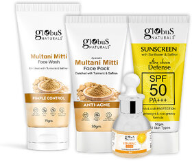 Globus Naturals Summer Sizzle Set of 4  Multani Mitti Face Wash 75g Multani Mitti Face Pack 50g Sunscreen 50 gm  Vitamin C Face Serum 30 ml