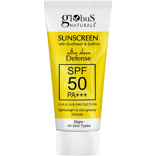 Globus Naturals Sunscreen with Ultra Sheen Defense SPF 50 PA UVA  UVB Protection Lightweight  Nongreesy Formula Normal to Oily Skin 50 gm