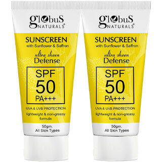 Globus Naturals Sunscreen with Ultra Sheen Defense SPF 50 PA UVA  UVB Protection Lightweight  Nongreesy Formula Normal to Oily Skin 50 gm Pack of 2