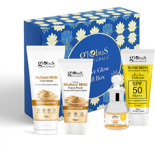 Globus Naturals Summer Radiance Skincare Gift Box Set of 4 - Multani Mitti Face Wash 75g, Multani Mitti Face Pack 50g, Sunscreen 50 gm & Vitamin C Face Serum 30 ml