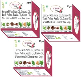 Kozian enriched with Neem Oil Coconut Oil Castor Oil Tulsi Oil Pudina  Wheat germ oil Cleanser base Soap 75gmX3