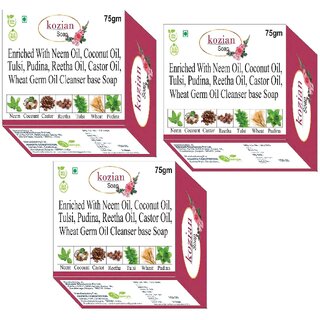 Kozian enriched with Neem Oil Coconut Oil Castor Oil Tulsi Oil Pudina  Wheat germ oil Cleanser base Soap 75gmX3