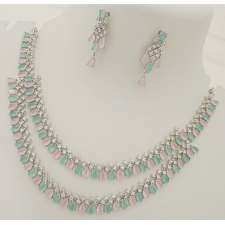 Premium Quality Pink Mint Green AAA CZ Stones Beautiful 2 Line Jewellery Set