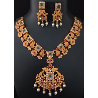 Matt Finish Laxmi Royal Peacock Design Pink Green CZ Beautiful Jewellery Set