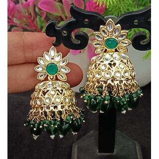 Green CZ Monalisa Stones with Precious Pearls Jhumki Earrings Set