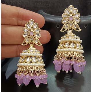 Pearl Bandhai Purple CZ Monalisa Stones Jhumki Earrings Set