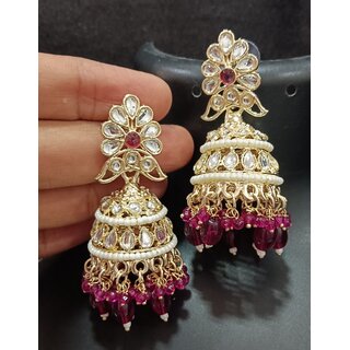 Pearl Bandhai Wine CZ Monalisa Stones Jhumki Earrings Set