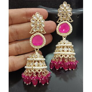 Ruby Pink CZ Monalisa Stones with Precious Pearls Long Jhumki Earrings Set