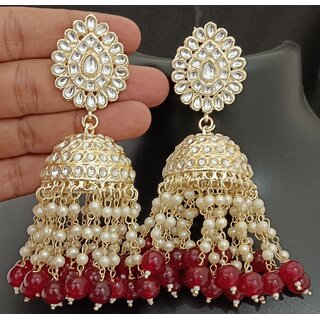 Maroon Pearls Kundan Laheriya Jhumka Earrings Set