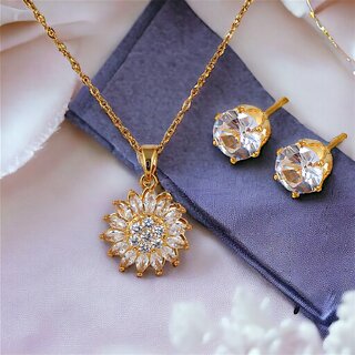 LUCKY JEWELLERY Trendy Gold Plated Spin Flower Pendant Locket Chain With Studs (330-CHL1S-1273)