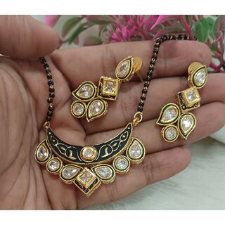 Designer Beautiful Everyday Wear Long CZ Polki Kundan Mangalsutra Earrings Set
