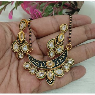 Designer Beautiful Everyday Wear CZ Polki Kundan Pan shape Mangalsutra Earrings Set