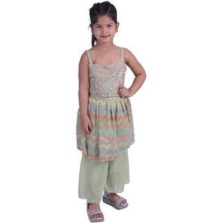 Kid Kupboard Cotton Girls Kurti and Plazzo Set, Green, Sleeveless, 7-8 Years KIDS6293