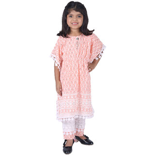 Kid Kupboard Cotton Girls Kurti and Plazzo Set, Pink and White, Half-Sleeves, 6-7 Years KIDS6294