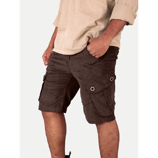 Men Dark Brown Carduroy Cargo Cargo Shorts