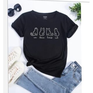 REVEXO Solid Cotton Blend Black Color T-Shirt For Women