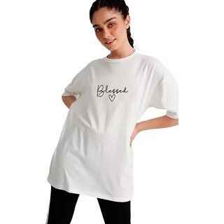 REVEXO Typography Cotton Blend White Color T-Shirt For Women