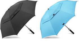 Samurai J.Calli Double Vented Canopy UV Protection Sun Rain Umbrella, Windproof, Lightweight, Black  Blue Combo