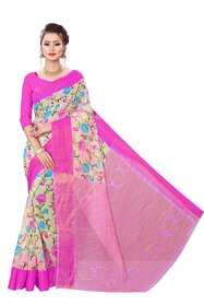Pink Colour Flower Printed Cotton Saree With Blouse Piece