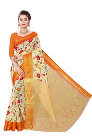 Yellow Colour Flower Printed Cotton Saree With Blouse Piece