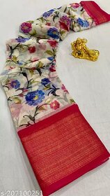 Red Colour Flower Printed Cotton Saree With Blouse Piece