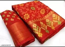 Red Colour Cotton Printed Saree With Blouse Piece