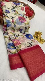 Red Colour Flower Printed Cotton Saree With Blouse Piece