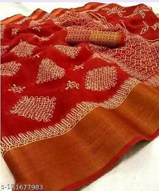 Red Colour Flower Cotton Silk Saree With Blouse Piece