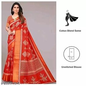 Red Colour Flower Cotton Silk Saree With Blouse Piece