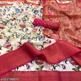 Red Colour Flower Printed Cotton Saree With Blouse Piece